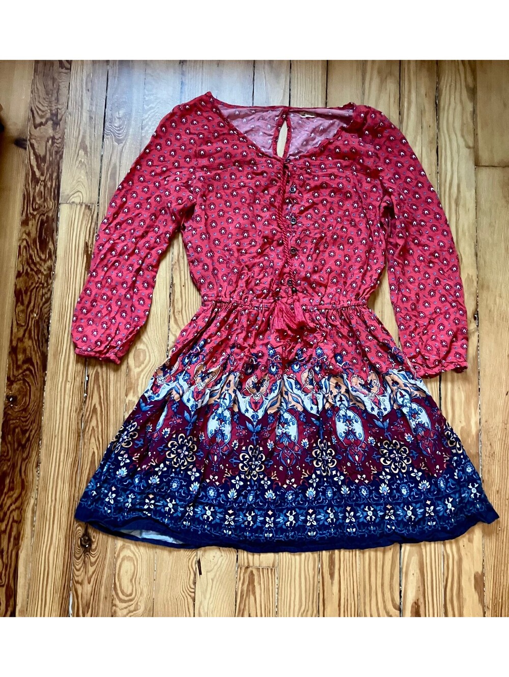 Hollister Rust Red Boho Border Print Dress Tassel Waist Long Sleeve Prairie S